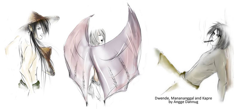 Original sketches by Angge Dannug. From left: Dwende, Manananggal, Kapre.