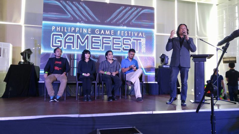 Discussion panel with JD Abenaza of Zeenoh Games, DocB, Russell Tomas of Dreamlords Digital, and Niel Dagondon of Anino Playlab. Magoo Del Mundo as discussion facilitator.